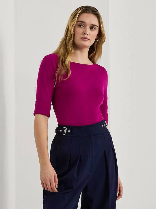 Women's Blouse Cotton Short Sleeve with Boat Neckline Fuchsia