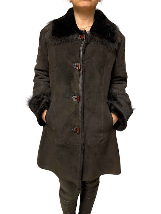 Mouton Women's Brown Coat with Fur Details