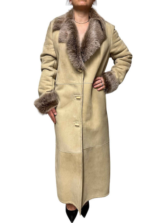 MARKOS LEATHER Women's Mouton Coat with Buttons and Fur Beige