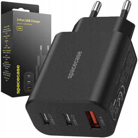 Spacecase Зарядно без кабел с USB-A порт и 2 USB-C порта 30W Черен (SC003B)