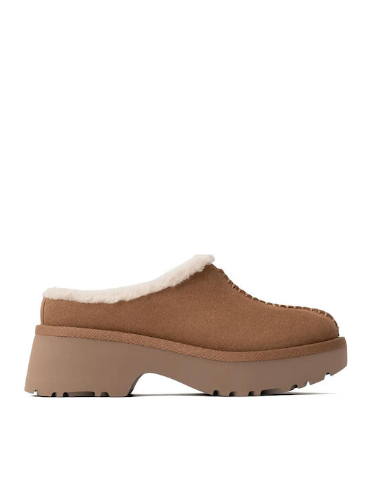 New Heights Cozy Clog Closed Leather Women's Slippers Brown