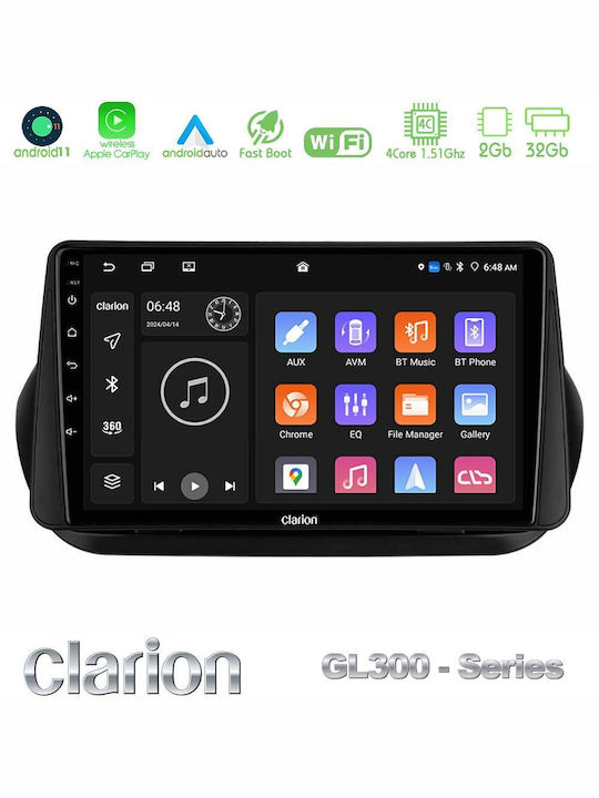 Clarion Car Audio System for Peugeot Bipper Fiat Fiorino 2008+ (Bluetooth/USB/WiFi/GPS/Apple-Carplay/Android-Auto) with Touch Screen 9"