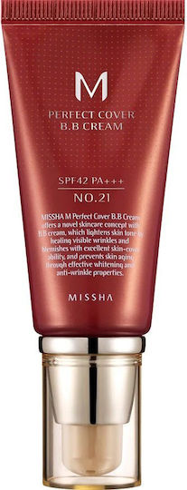 Missha Perfect Cover BB 21 Светло Бежово 24-Часов Дневен Крем За Лице С SPF42 За Хидратация, Против Стареене И Несъвършенства С Хиалуронова Киселина И Колаген 50ml