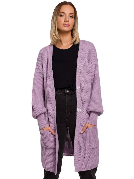 MOE Long Women's Knitted Cardigan with Buttons Purple