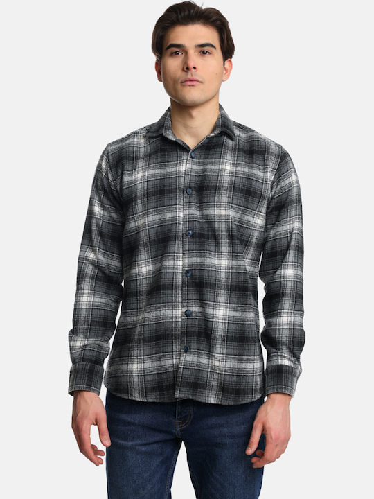 Μακρυμάνικo Βαμβακερό Overshirt σε Κανονική Γραμμή Καρό Grey