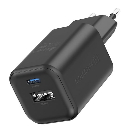 Swissten Φορτιστής Χωρίς Καλώδιο GaN με Θύρα USB-A και Θύρα USB-C 45W Power Delivery / Quick Charge 3.0 Μαύρος (22071310)