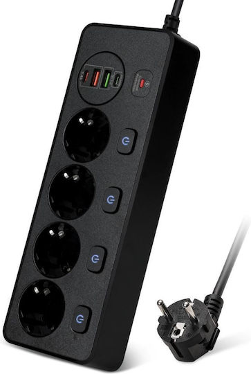 Tu-xin Πολύπριζο Aσφαλείας 4 Θέσεων με 2 USB-A, USB-C και Καλώδιο 2m