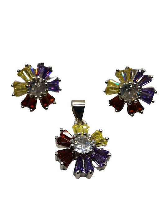 925 Silver Set Multicolored Flowers White Center Model 1 925 Silver Set Multicolored Flowers White Center Model 1