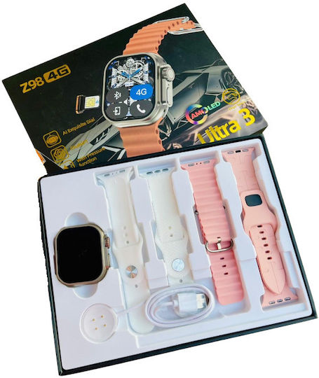 Z98 Smartwatch με SIM και Παλμογράφο (Ροζ - Σετ με 4 λουράκια)