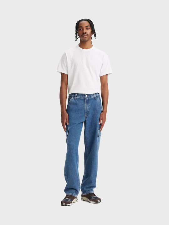 568 Ανδρικό Παντελόνι Τζιν Cargo με Loose Straight Εφαρμογή Stonewashed Denim