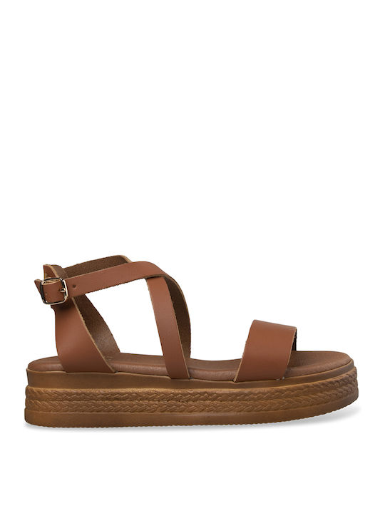 Tsouderos Shoes Women's Flat Sandals with Strap in Brown Color