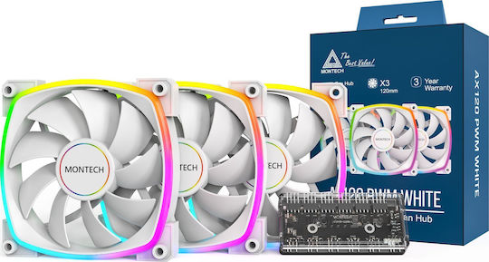 Montech Case Fan 120mm (1699rpm) με ARGB Φωτισμό και Σύνδεση 4-Pin PWM 3τμχ Λευκό