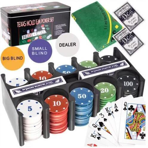 Set 200 Numbered Poker Chips in Metallic Box with 2 Decks and Felt