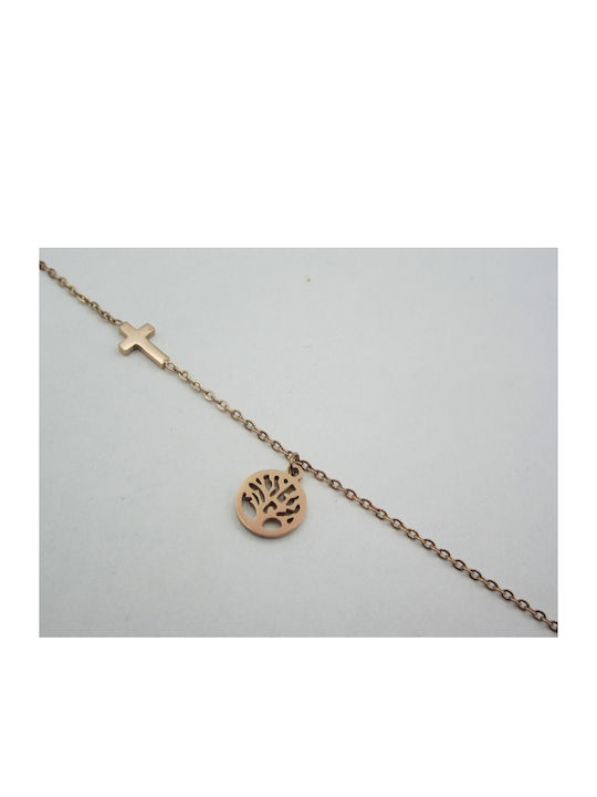 Steel Anklet Chain Cross Tree of Life Rose Gold 22cm 1pc
