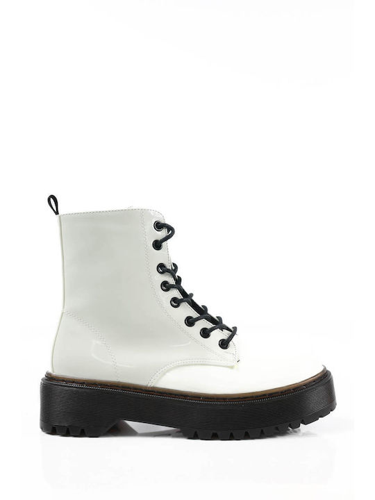 White Patent Leather Ankle Boots with Sturdy Sole