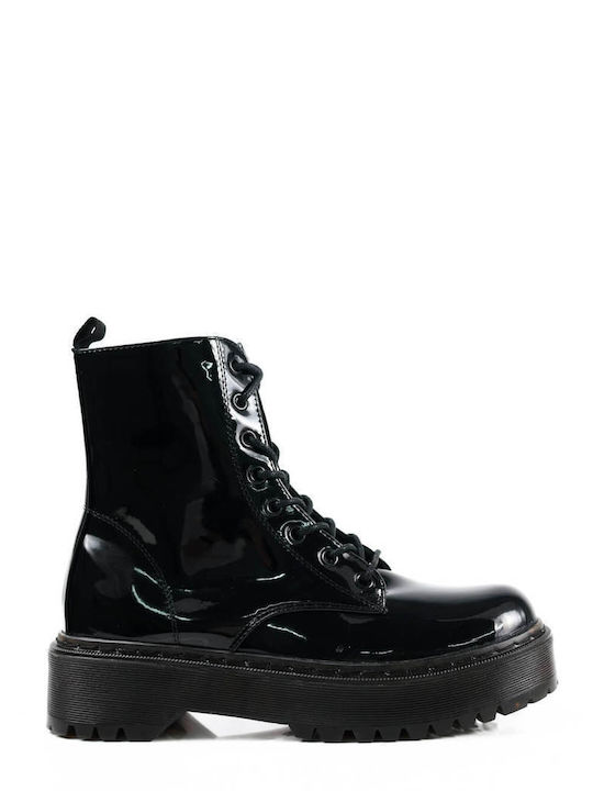 Black Patent Leather Ankle Boots with Sturdy Sole