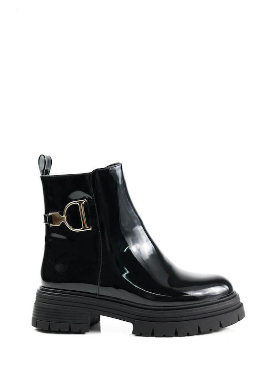 Black Patent Leather Ankle Boots with Gold Detail