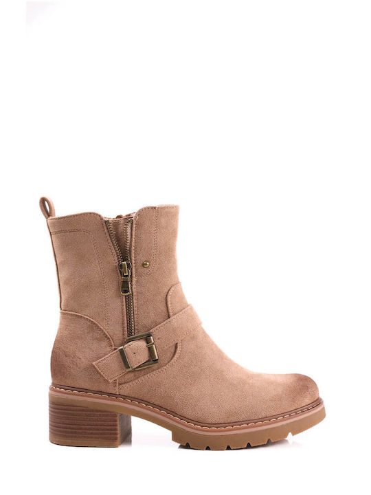 Beige Ankle Boots with Decorative Zipper Strap