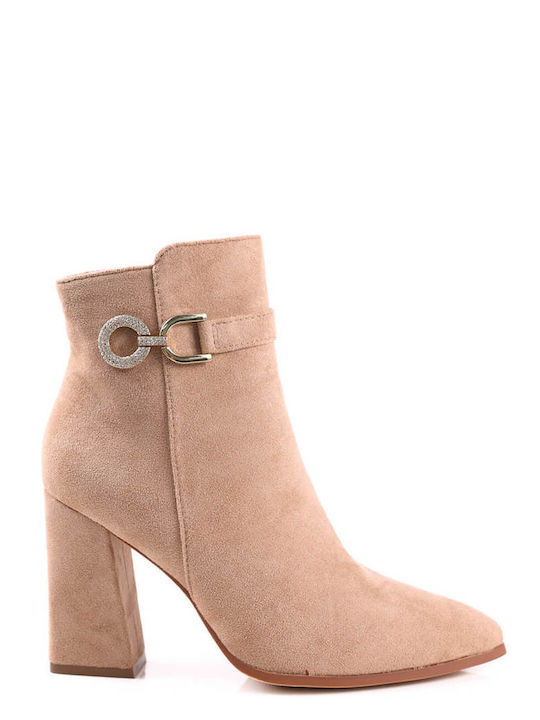 Beige Ankle Boots with Covered Heel and Modern Buckle