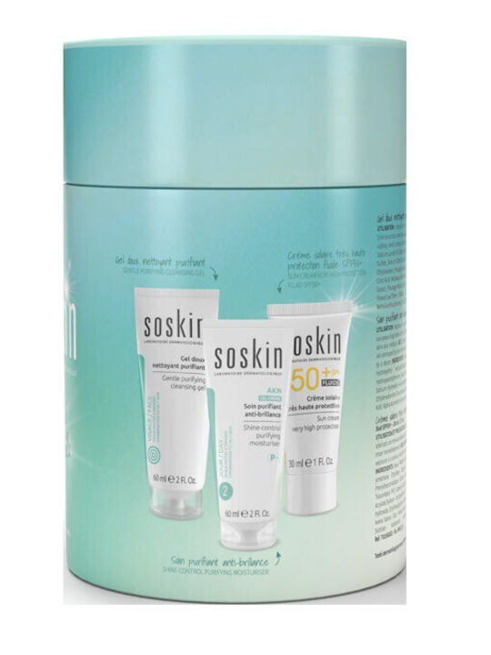 Soskin Промо Комплект за Пречистване Основни Продукти Нежен Пречистващ Почистващ Гел 60мл & Матиращ Пречистващ Хидратант 60мл & Слънцезащитен Крем Много Висока Защита Флуидна Текстура 30мл