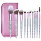 10 Make-up-Pinsel mit transparenten Griffen und Kristallen Pink/Grün + Etui