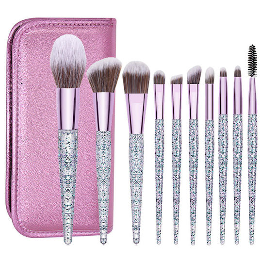 10 Make-up-Pinsel mit transparenten Griffen und Kristallen Pink/Grün + Etui