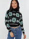 Bluze Damă Crop Cu Guler Înalt Floral Negru