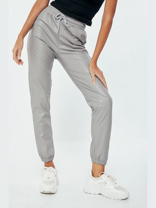 Women's Leather Trousers with Elastic Grey