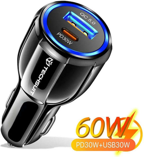 Techsuit Premium Auto-Ladegerät 30W mit Anschlüssen: 1xUSB 1xType-C Schwarz Farbe