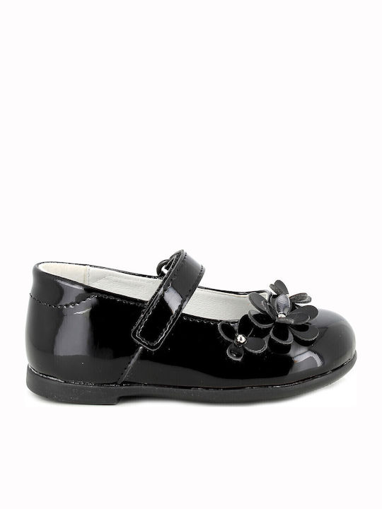 Kids Leather Ballerinas with Hoop & Loop Closure Black