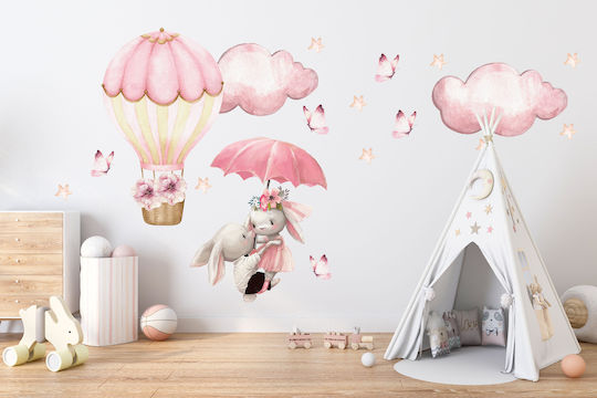 Kinder Wandsticker Rosa Hasen Ballon Wolken Schmetterlinge 60x120