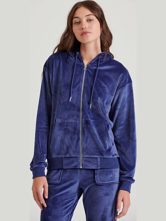 Long Women's Sweatshirt Jacket Velvet Hooded Imperial Purple