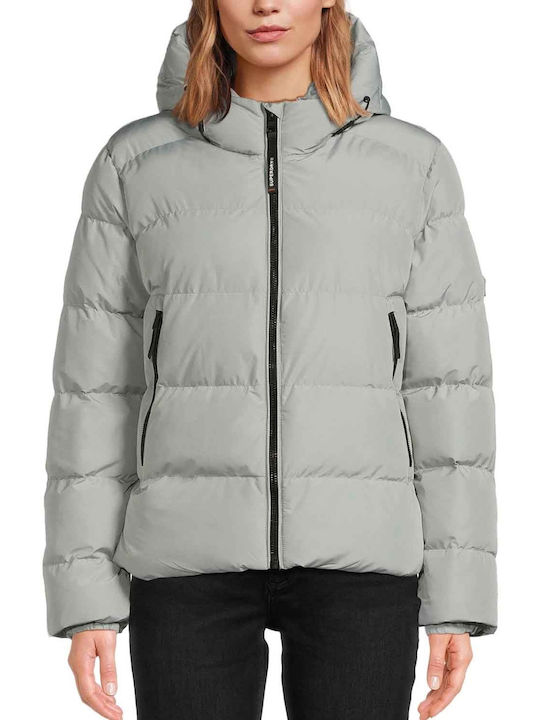 Superdry Women's Short Puffer Jacket for Winter with Hood Gray