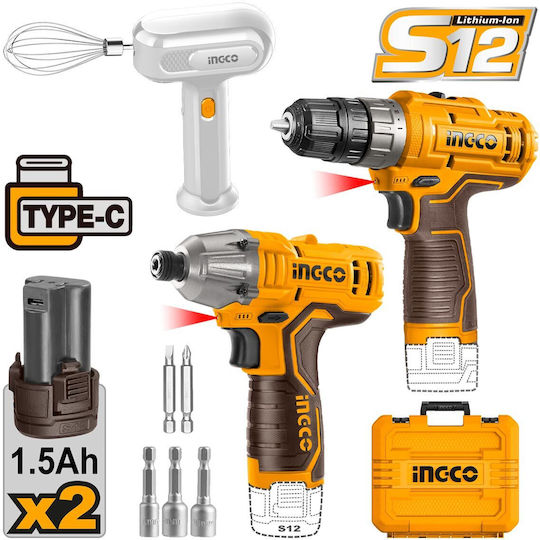 Ingco COSLI240205E Σετ Δραπανοκατσάβιδο, Μίξερ & Παλμικό Κατσαβίδι 12V με 2 Μπαταρίες 1.5Ah και Θήκη