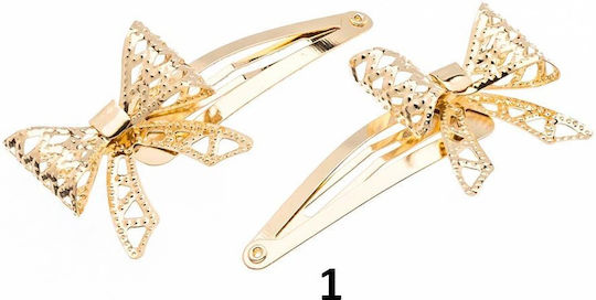 Metal Snap Hair Clip Bow Design 3 Colors Pack of 2 Gold