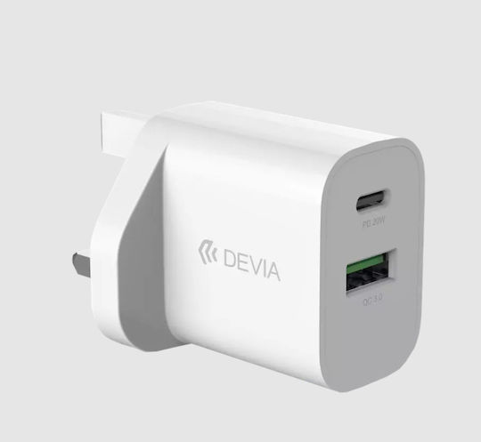 Devia Φορτιστής Χωρίς Καλώδιο με Θύρα USB-A και Θύρα USB-C 20W Λευκός (3-Pin UK Charging)