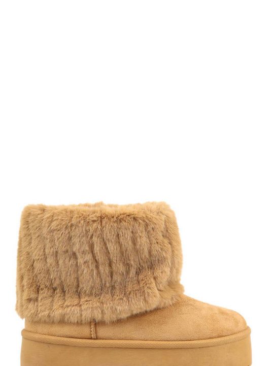 Tan Low Ankle Boots with Fur