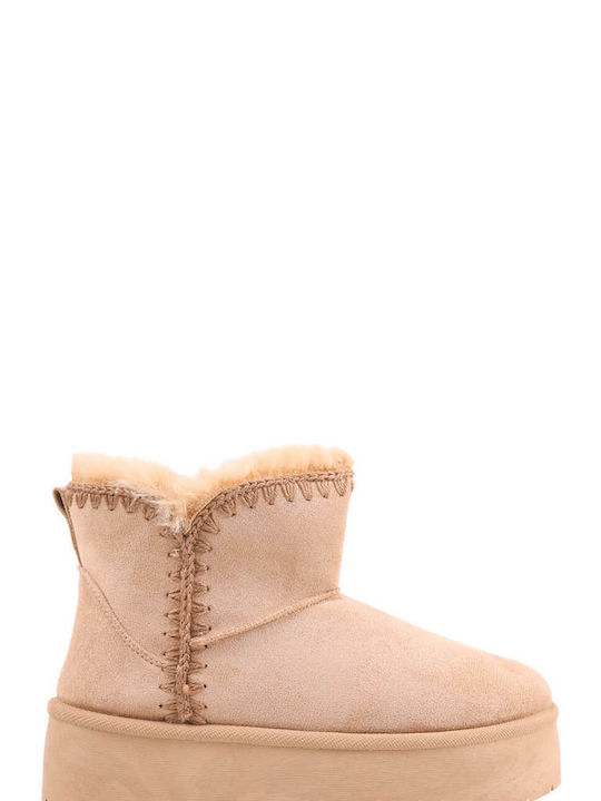 Beige Fur Ankle Boots with Knitted Details