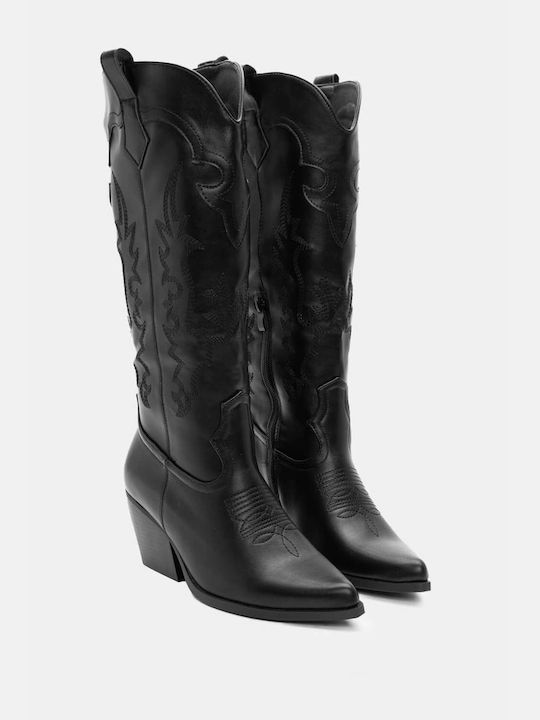 Luigi Medium Heel Cowboy Boots with Zipper Black