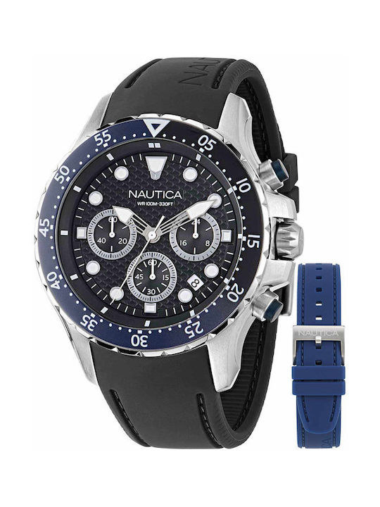 Nautica Uhr Chronograph Batterie mit Schwarz Kautschukarmband