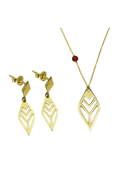 Gold Necklace-Earrings Set K14 Leaf-Rhombus