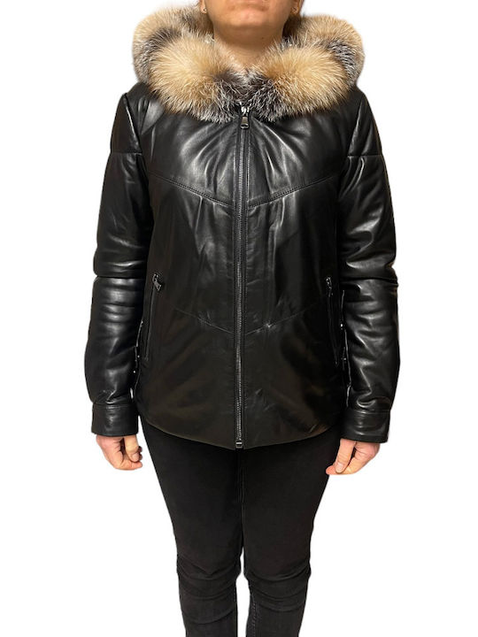 MARKOS LEATHER Women's Short Lifestyle Leather Jacket for Winter with Hood Black