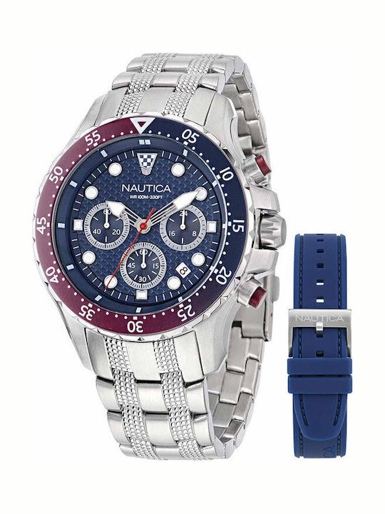 Nautica Ανδρικό Ρολόι 44mm Χρονογράφος Μπαταρίας με Ασημί Μεταλλικό Μπρασελέ