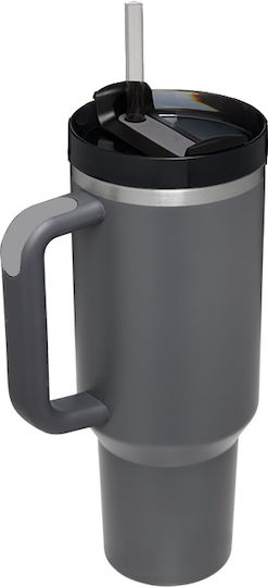 Ecolife Recyclable Handled Tumbler Thermos Stainless Steel / Plastic BPA Free 900ml Junior Grey with Straw and Handle