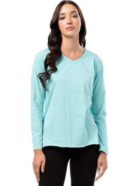 Women's Athletic Blouse Long Sleeve with V Neckline Light Blue