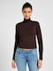 Damen Crop Top Baumwolle Rollkragenpullover Langarm Braun