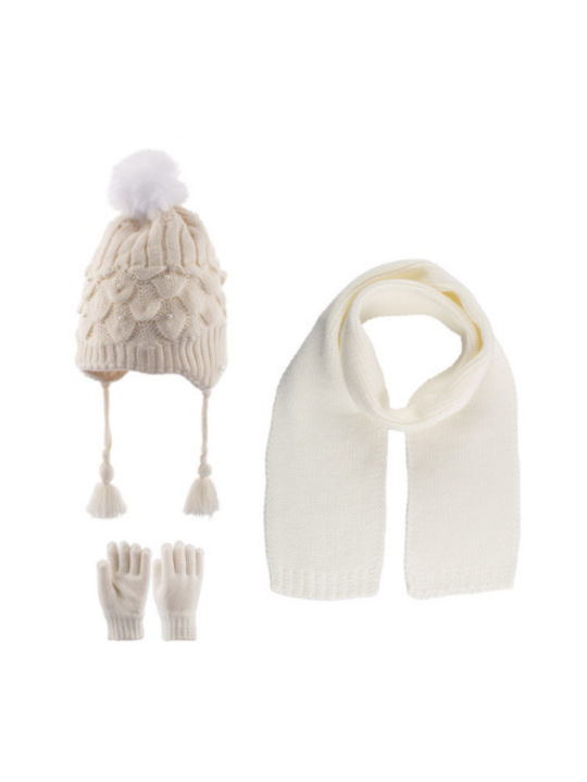 Kids Beanie Set with Scarf & Gloves Knitted White