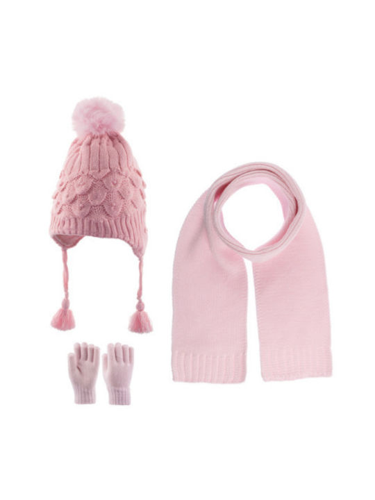 Kids Beanie Set with Scarf & Gloves Knitted Pink