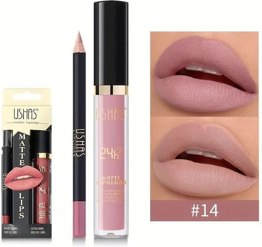 Set Ruj Lichid Mat & Creion de Buze Ushas Nr.14