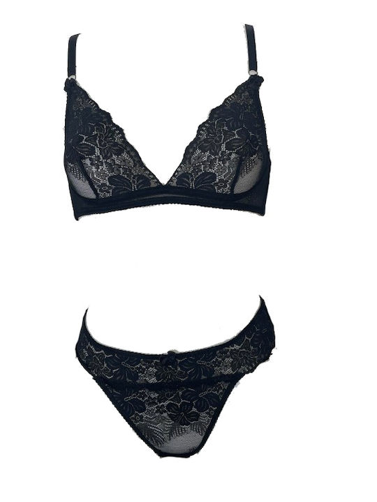 Modern Ocean Lace Underwear Set with Slip Black